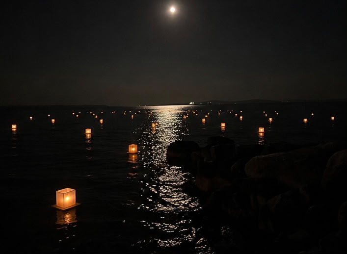 Lanterns glowing on the sea under the moon