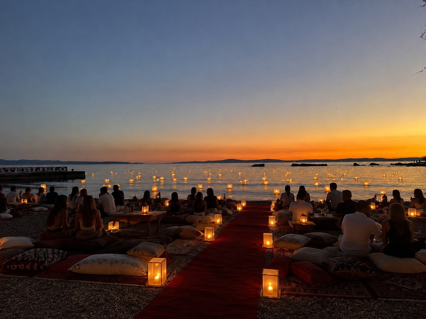 Guests enjoying the lantern release experience on the sea at sunset